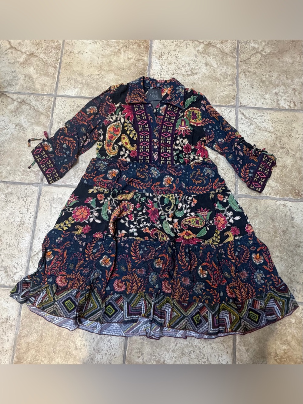 John Mark Autumn Hues Tiered Boho Dress Embroidered Paisley PS NWT $139